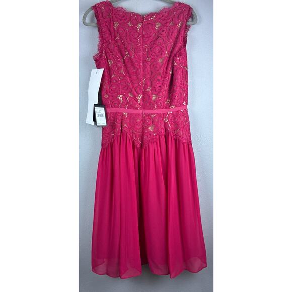 NWT Adrianna Papell Sz 8 Chiffon Lace Overlay Fit N Flare Dk Pink Zip Drop Waist - Picture 3 of 16
